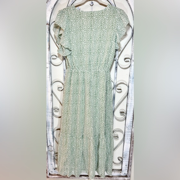 NWOT Mint Green Wrap Midi Leopard Print Dress with Ruffled Flutter Sleeves - Picture 4 of 10